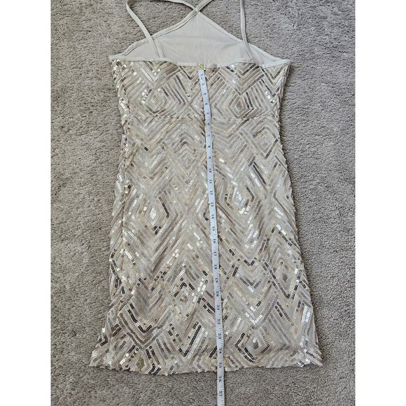 Crystal Doll Gold Sequined Formal Dress Fitted Bodycon Sparkly Halter Sz 7 Women - Picture 8 of 8